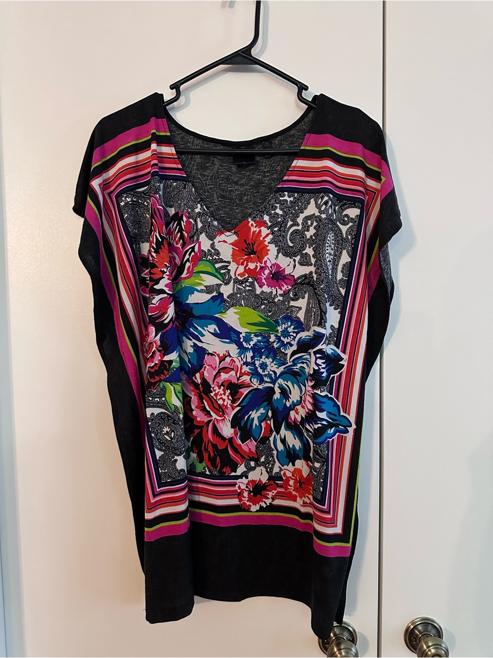 Ella Black Floral V‑Neck Tunic with Multicolor Blooms